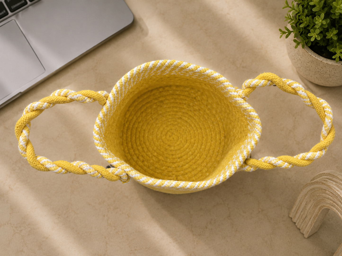 Handwoven Yellow and White Checkered Trim Decorative Organizer Bin