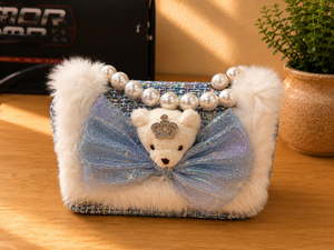 Girls Princess Bear Tweed Mini Handbag with Faux Pearl Handle