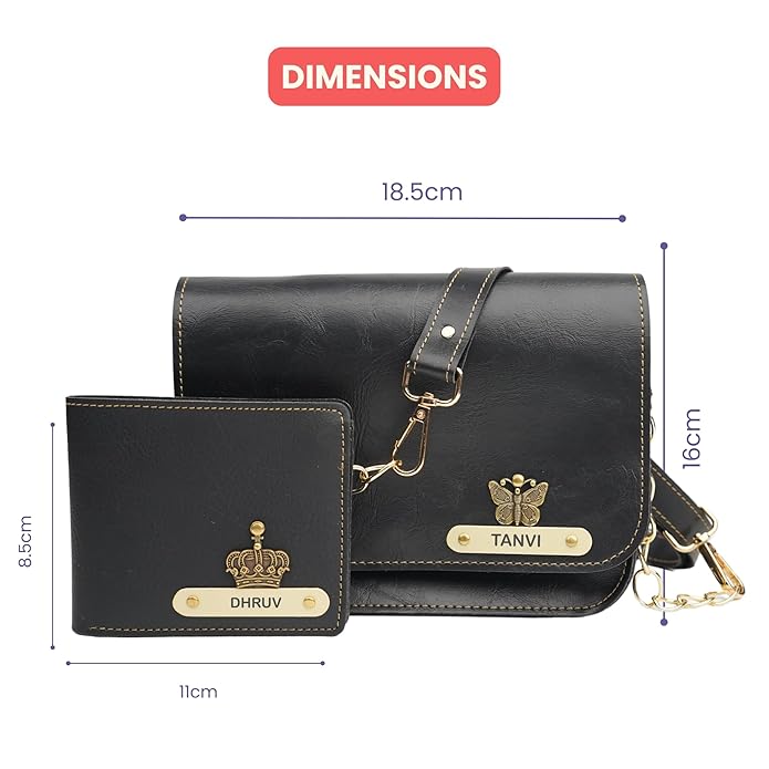 Nexon Leather Personalized Couple's Combo : Chained Sling Bag & Men's Wallet -