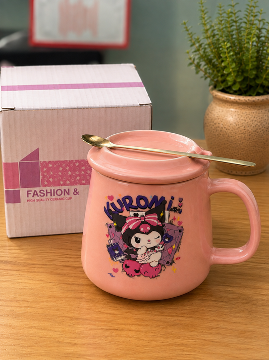 Kawaii Kuromi Pink Ceramic Mug Set with 3D Figurine Lid & Gold Spoon