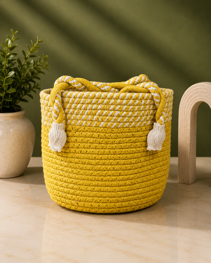 Handwoven Yellow and White Checkered Trim Decorative Organizer Bin