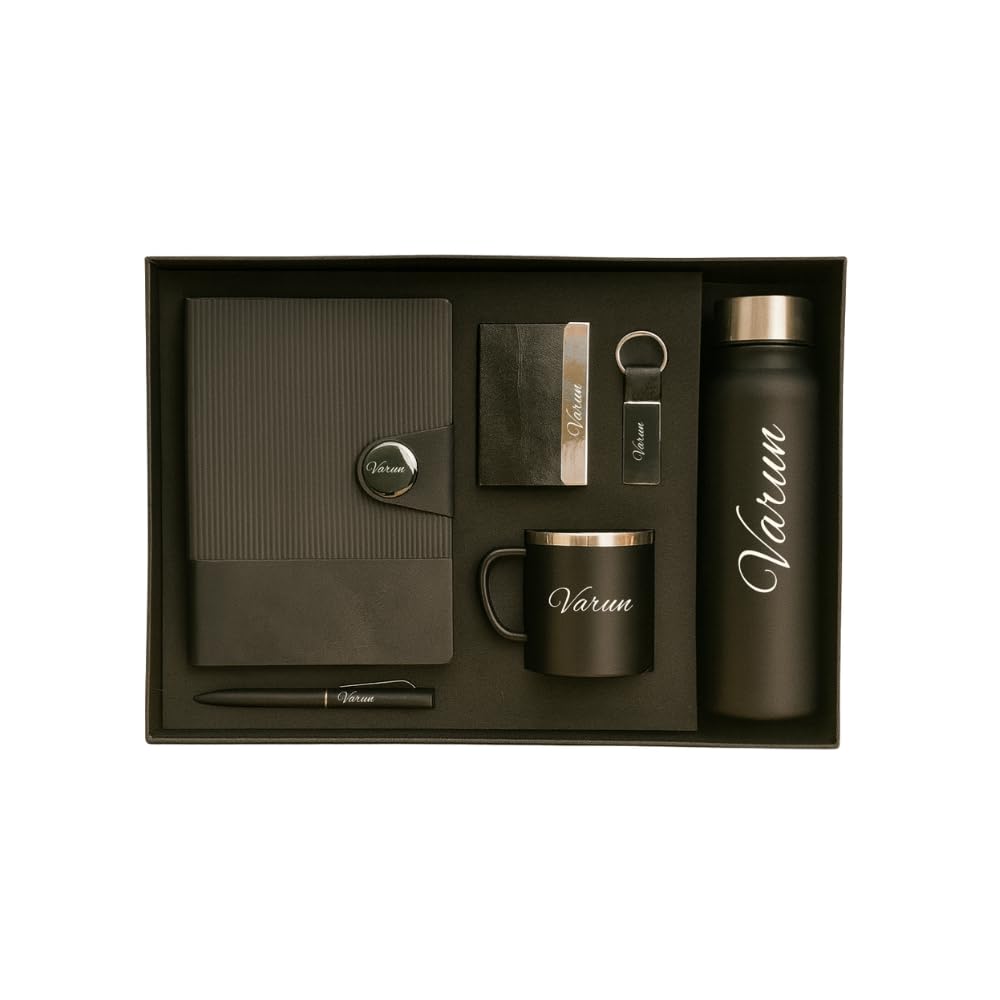 Classy Executive Diary + Classic Metal Pen + Classy Leather Metal Keychain + Classy Card Holder + Classic Smart Bottle + Stainless Steel Mug - Black