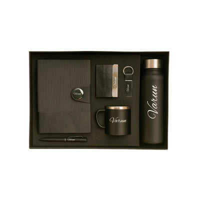 Classy Executive Diary + Classic Metal Pen + Classy Leather Metal Keychain + Classy Card Holder + Classic Smart Bottle + Stainless Steel Mug - Black