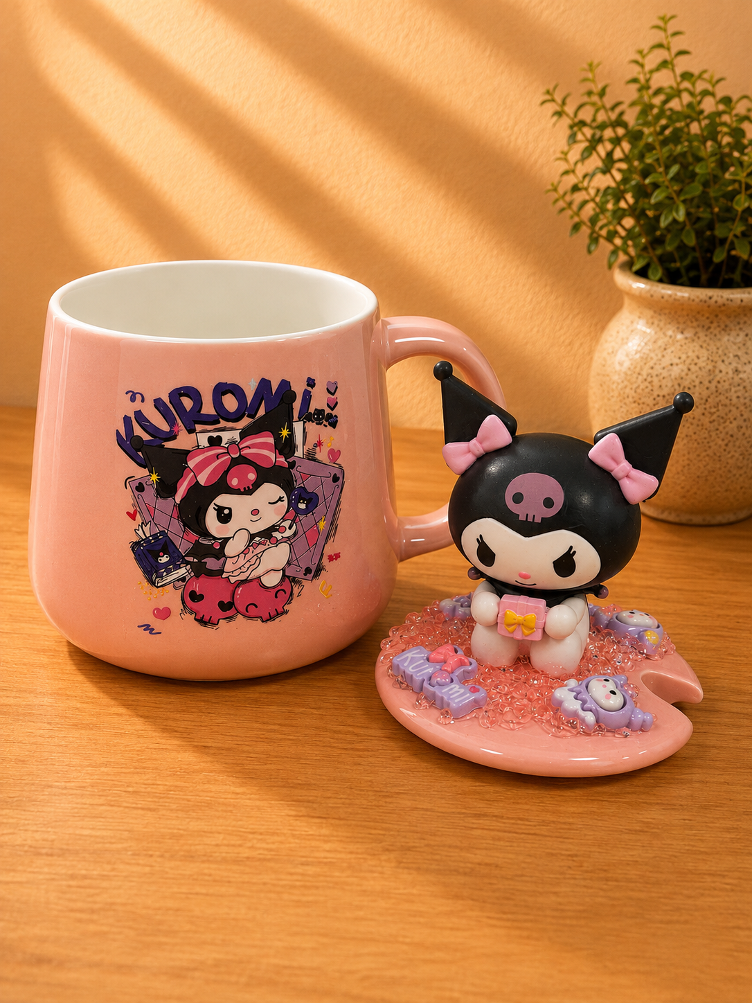 Kawaii Kuromi Pink Ceramic Mug Set with 3D Figurine Lid & Gold Spoon