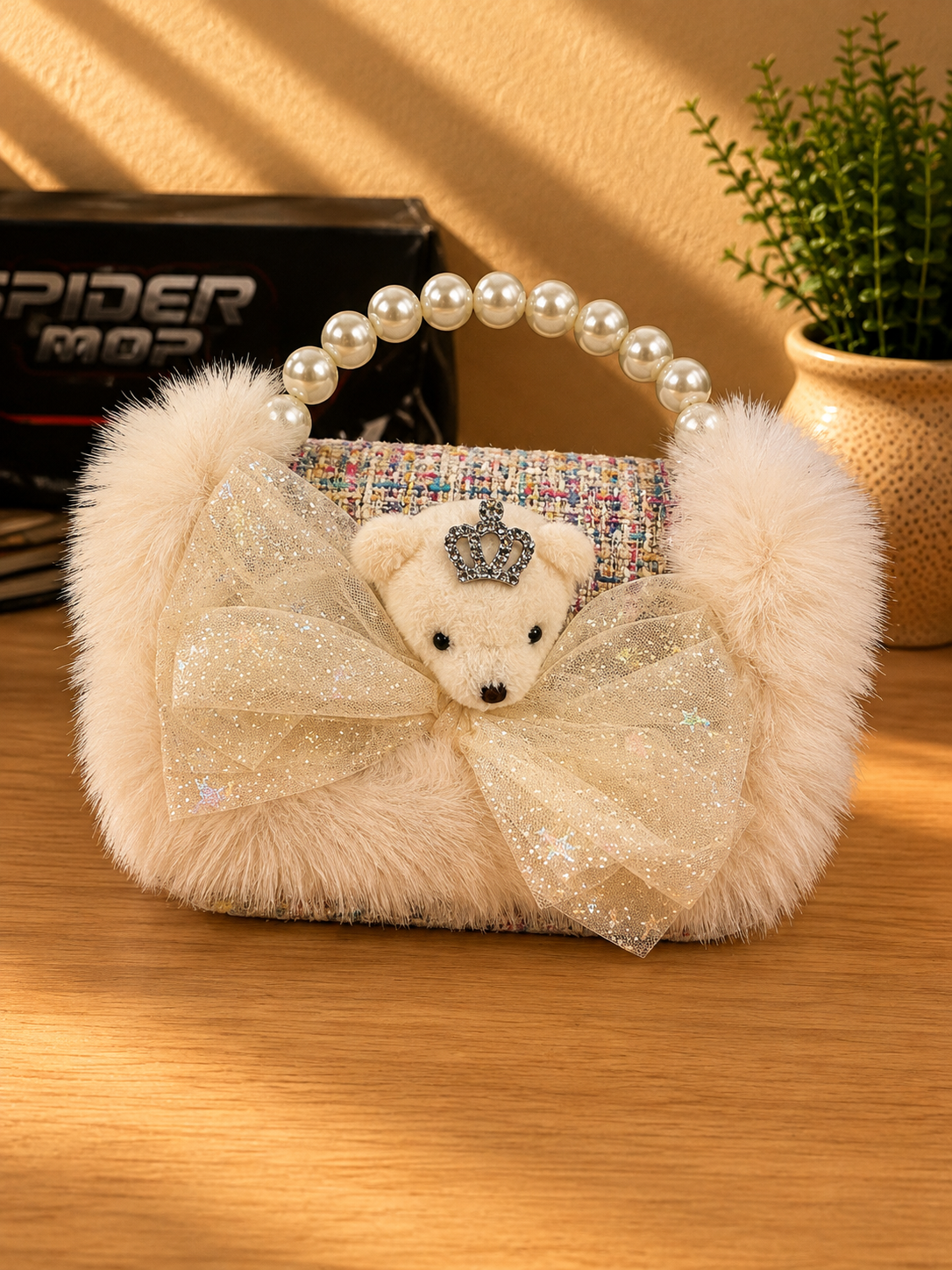 Girls Princess Bear Tweed Mini Handbag with Faux Pearl Handle