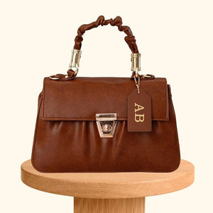 Classy Leather Customized Chain Sling Bag with Handle - Tan