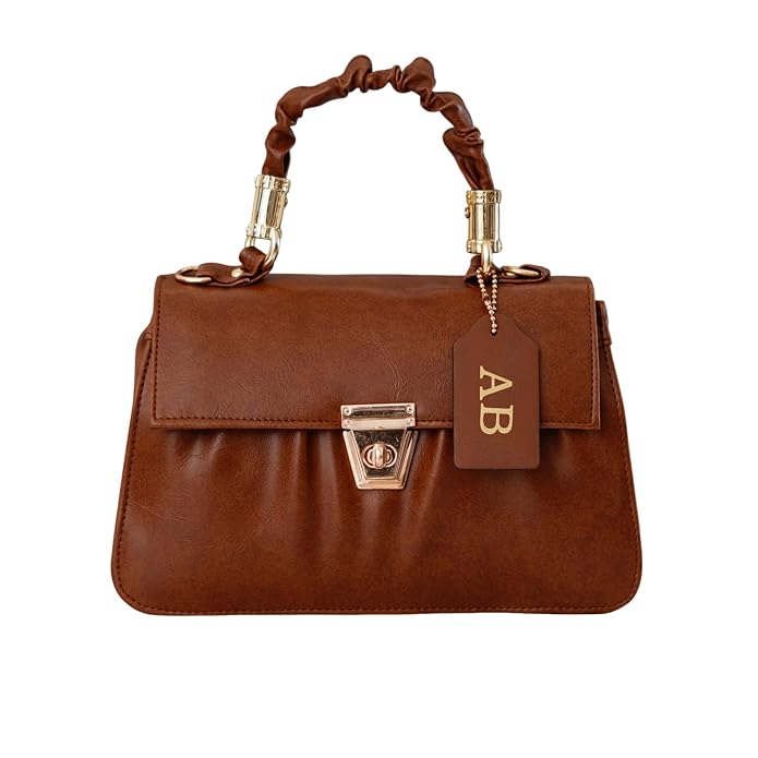 Classy Leather Customized Chain Sling Bag with Handle - Tan