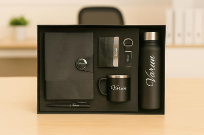 Classy Executive Diary + Classic Metal Pen + Classy Leather Metal Keychain + Classy Card Holder + Classic Smart Bottle + Stainless Steel Mug - Black