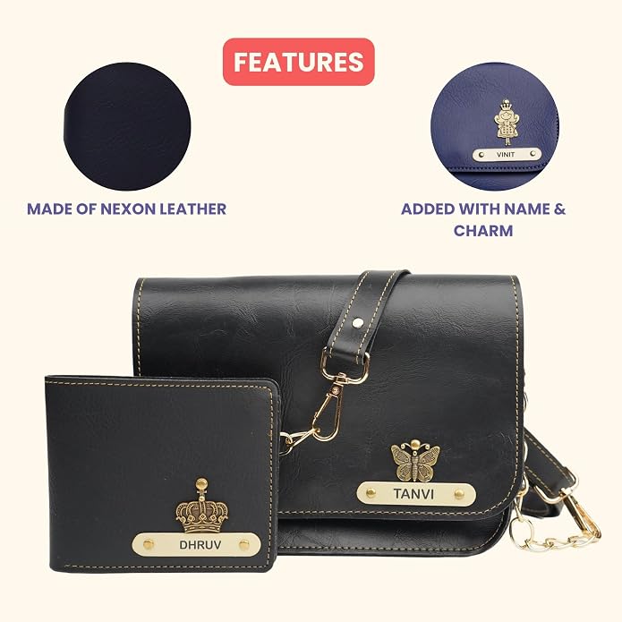 Nexon Leather Personalized Couple's Combo : Chained Sling Bag & Men's Wallet -