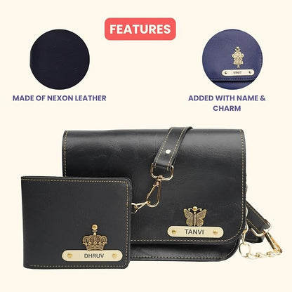 Nexon Leather Personalized Couple's Combo : Chained Sling Bag & Men's Wallet -