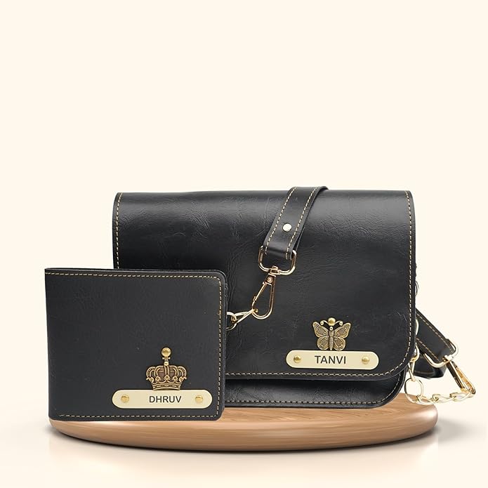 Nexon Leather Personalized Couple's Combo : Chained Sling Bag & Men's Wallet -