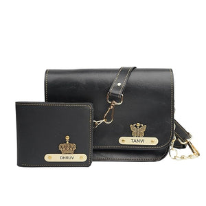 Nexon Leather Personalized Couple's Combo : Chained Sling Bag & Men's Wallet -