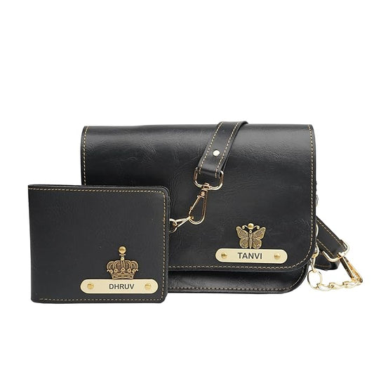 Nexon Leather Personalized Couple's Combo : Chained Sling Bag & Men's Wallet -