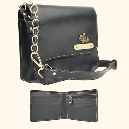 Nexon Leather Personalized Couple's Combo : Chained Sling Bag & Men's Wallet -
