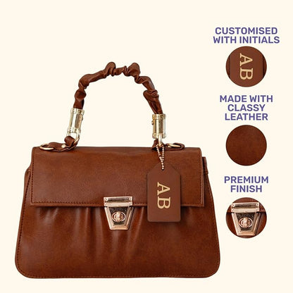 Classy Leather Customized Chain Sling Bag with Handle - Tan