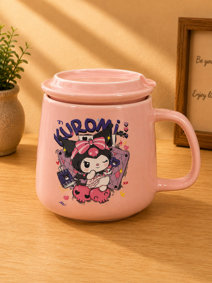 Kawaii Kuromi Pink Ceramic Mug Set with 3D Figurine Lid & Gold Spoon